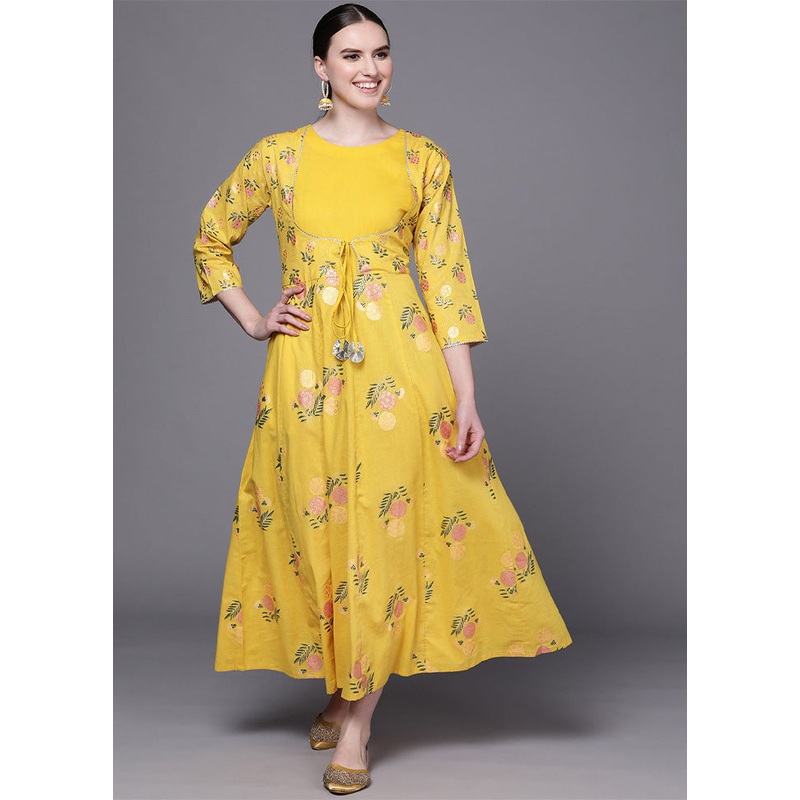 Yellow Readymade Cotton Indian Dress - JD986601662