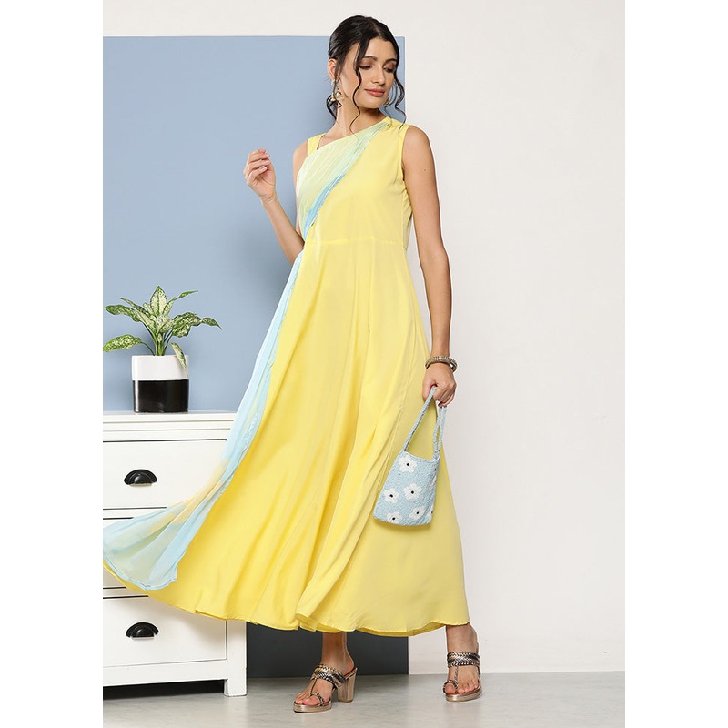 Yellow Readymade Silk Indian Dress - JD986601660