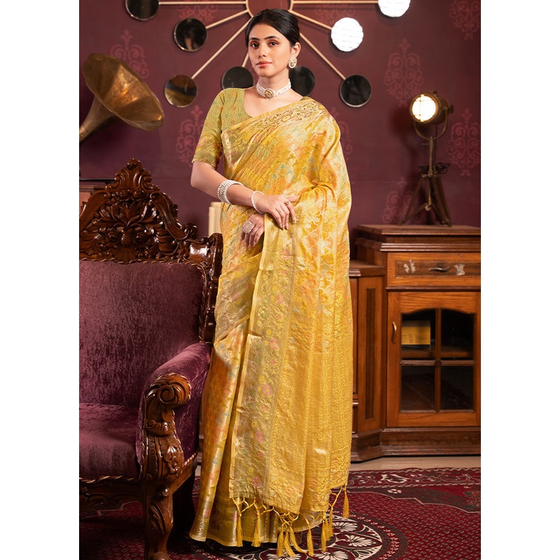 Yellow Spun Silk Saree With Blouse Piece - JD986601806