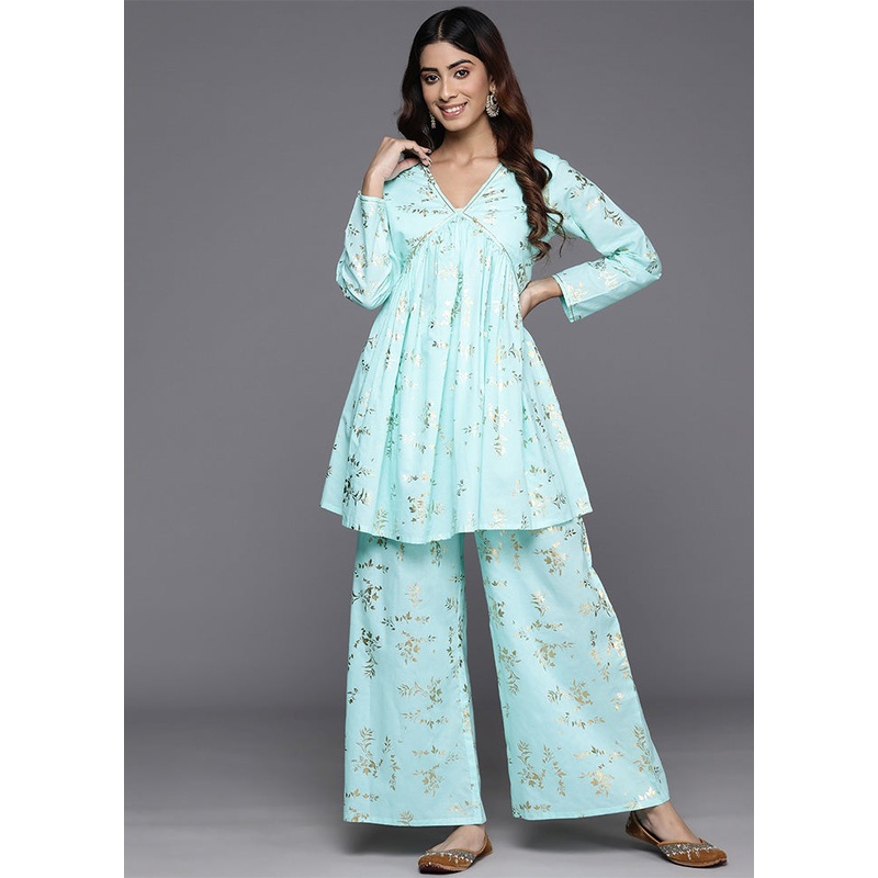 2 Pc Blue Pure Readymade Cotton Tunic Set - JD986601629