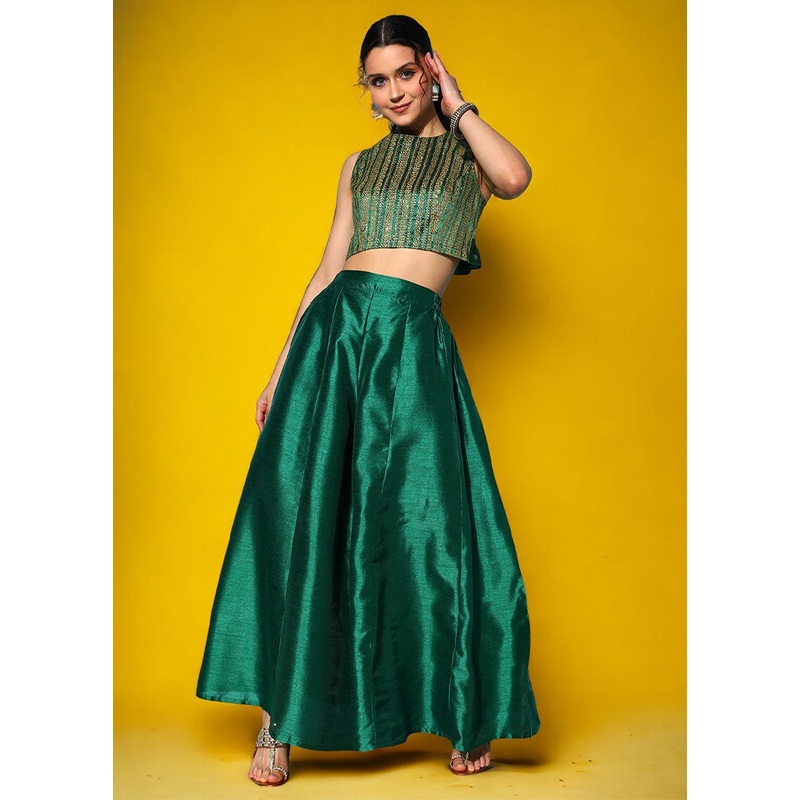 2 Pc Dark Green Readymade Silk Top Set - JD986601618