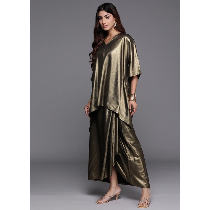 2 Pc Gold Readymade Silk Top Set - JD986601617