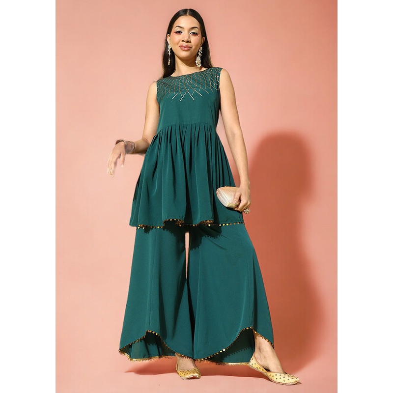 2 Pc Green Readymade Silk Tunic Set - JD986601611