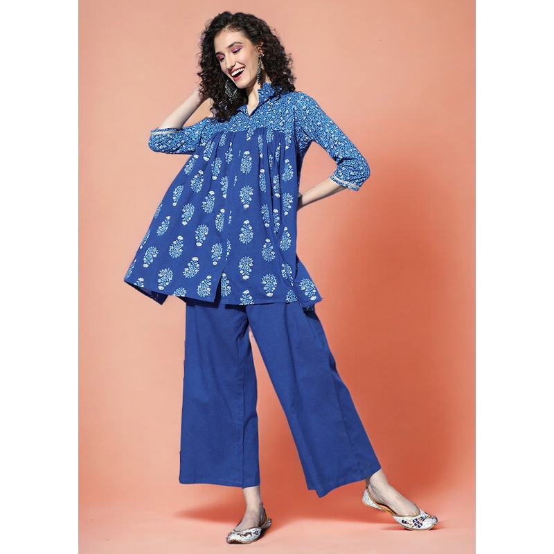 2 Pc Indigo Blue Pure Readymade Cotton Tunic Set - JD986601605