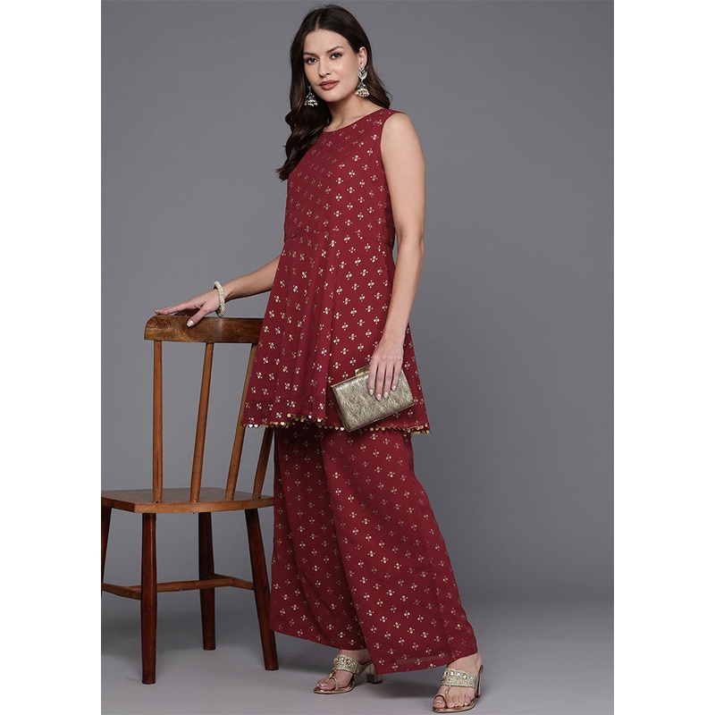 2 Pc Maroon Readymade Georgette Tunic Set - JD986601601