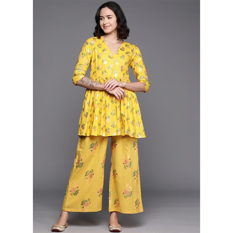 2 Pc Mustard Pure Readymade Cotton Tunic Set - JD986601596