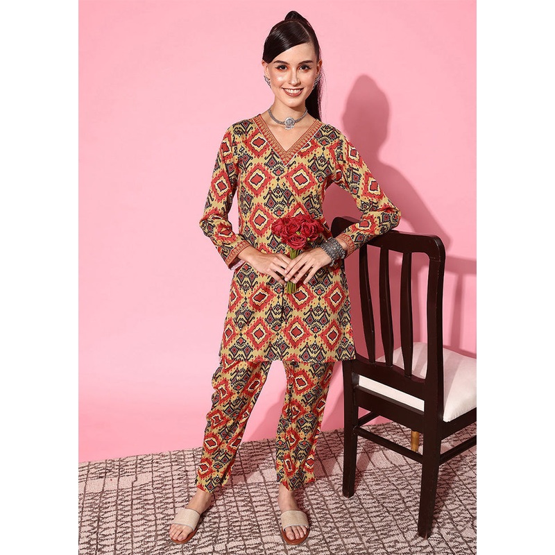 2 Pc Mustard Readymade Polyester Tunic Set - JD986601593