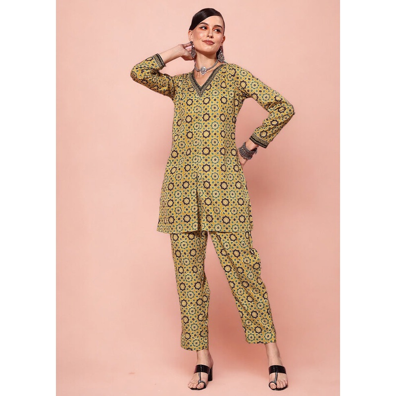 2 Pc Mustard Readymade Polyester Tunic Set - JD986601594