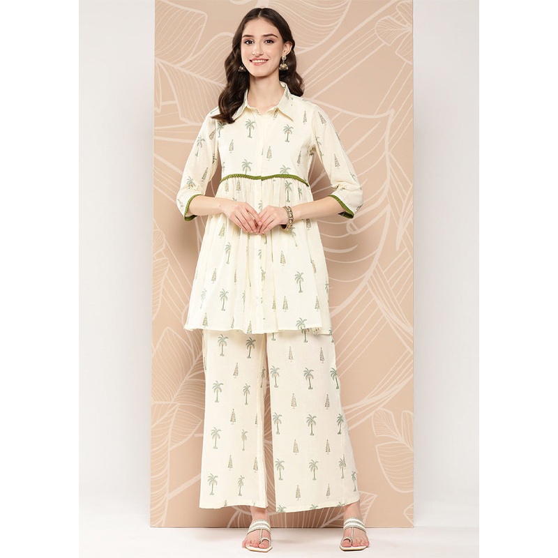 2 Pc Off White Pure Readymade Cotton Tunic Set - JD986601592