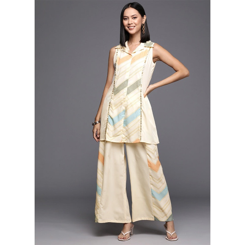 2 Pc Off White Readymade Silk Tunic Set - JD986601589