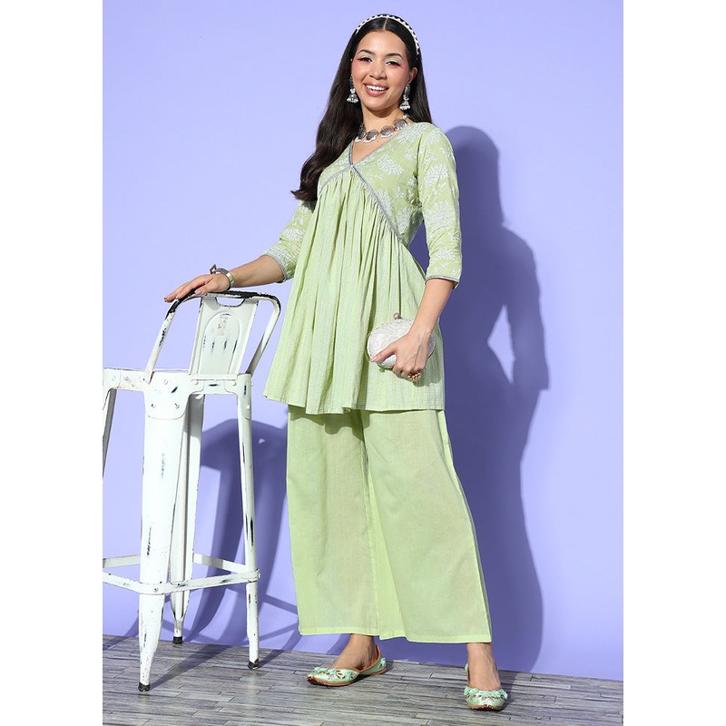 2 Pc Olive Green Pure Readymade Cotton Tunic Set - JD986601588