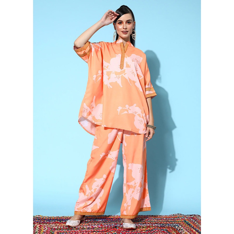 2 Pc Orange Readymade Silk Tunic Set - JD986601585