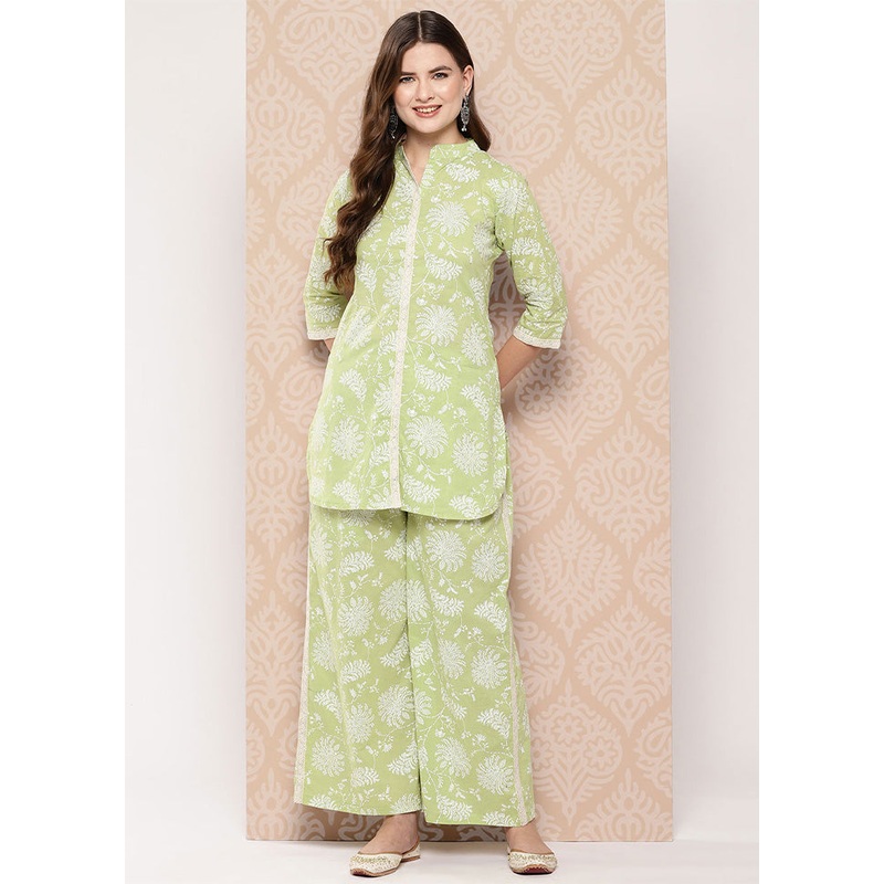 2 Pc Pista Green Pure Readymade Cotton Tunic Set - JD986601570