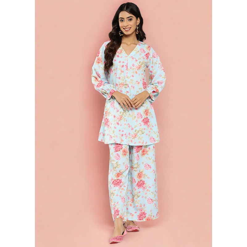 2 Pc Powder Blue Readymade Silk Top Set - JD986601569