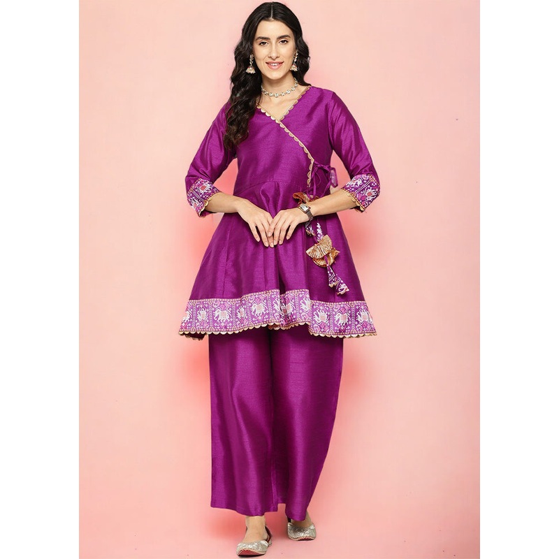 2 Pc Purple Readymade Silk Tunic Set - JD986601567