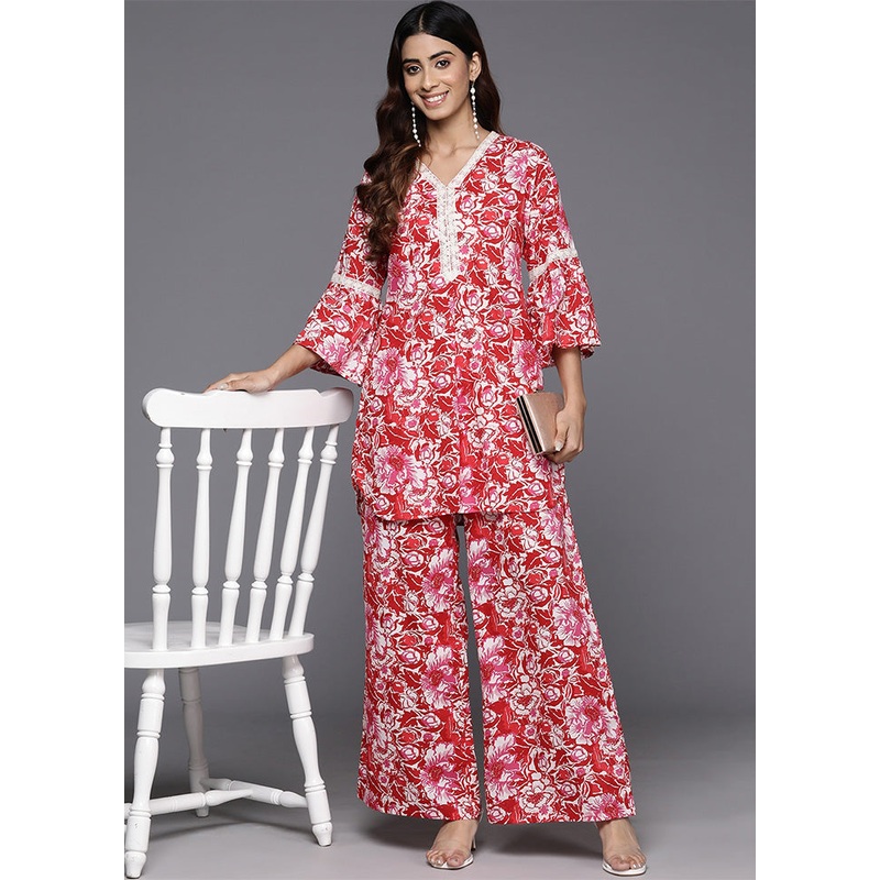 2 Pc Red Pure Readymade Cotton Tunic Set - JD986601565