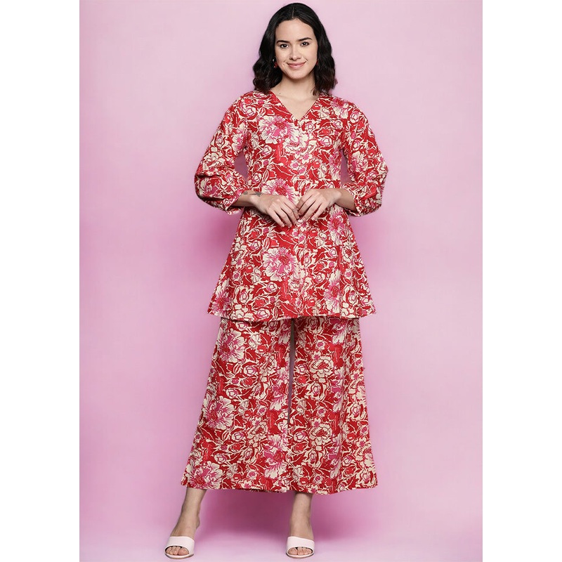2 Pc Red Pure Readymade Cotton Tunic Set - JD986601566