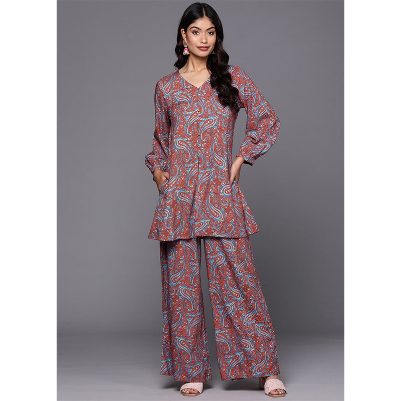2 Pc Teal Blue Readymade Rayon Tunic Set - JD986601558