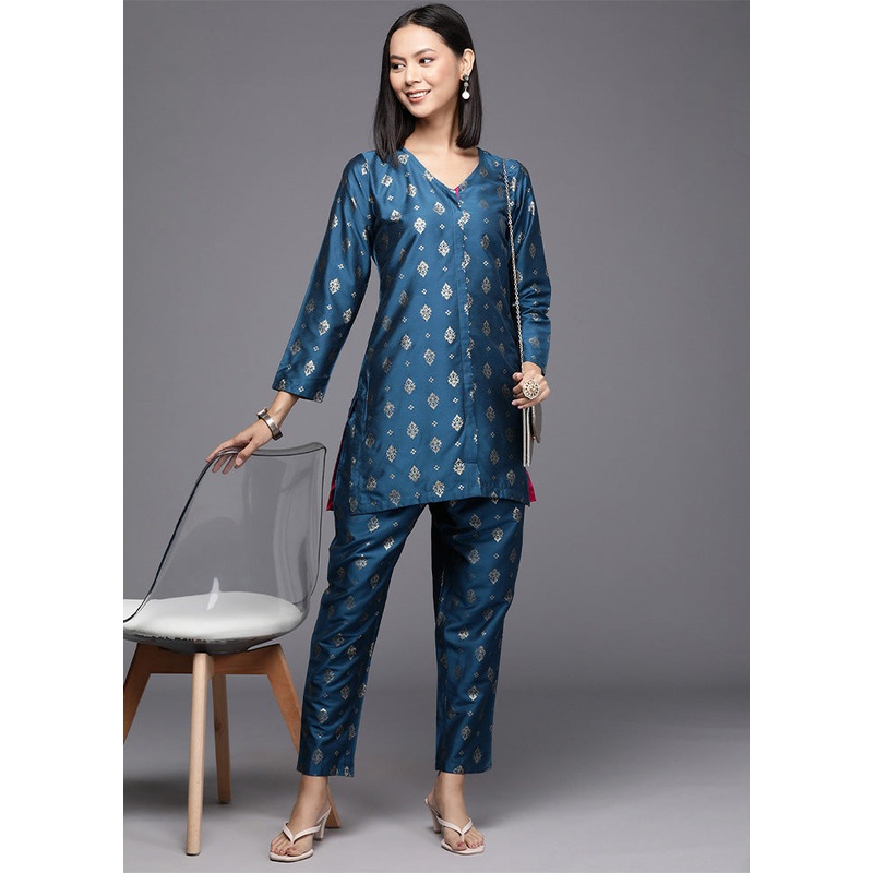 2 Pc Teal Blue Readymade Silk Tunic Set - JD986601557