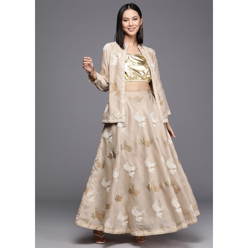 3 Pc Beige Readymade Chanderi Top Set - JD986601553