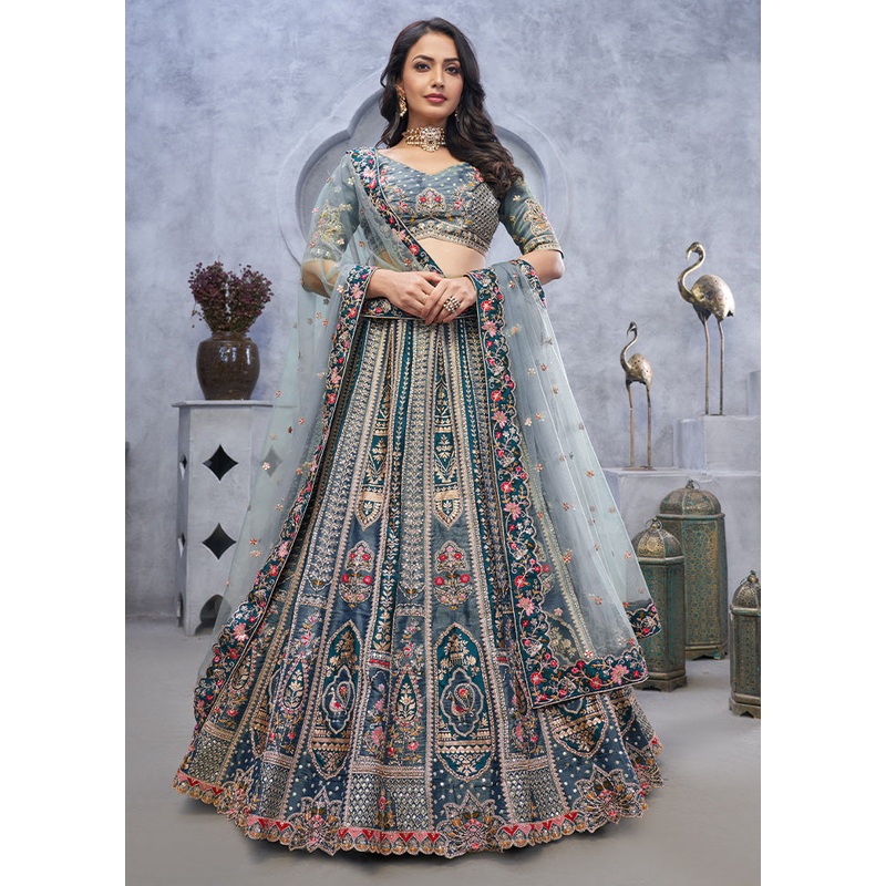 3 Pc Blue Silk Semi Stitched Lehenga Set - JD986601451