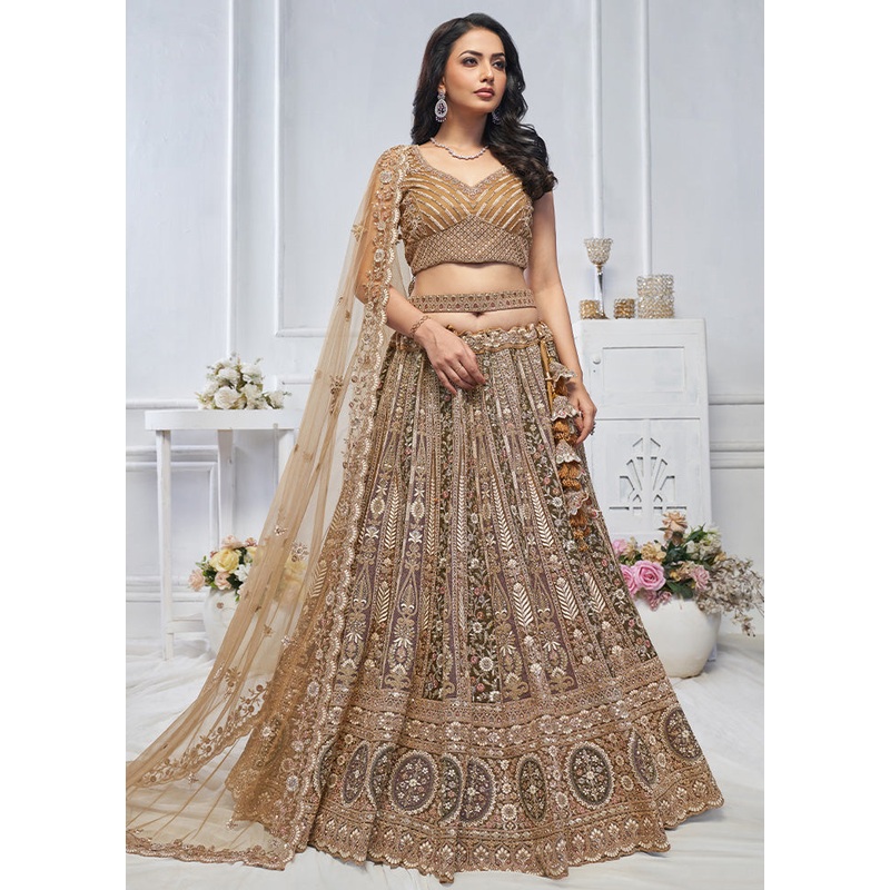 3 Pc Brown Net Semi Stitched Lehenga Set - JD986601466