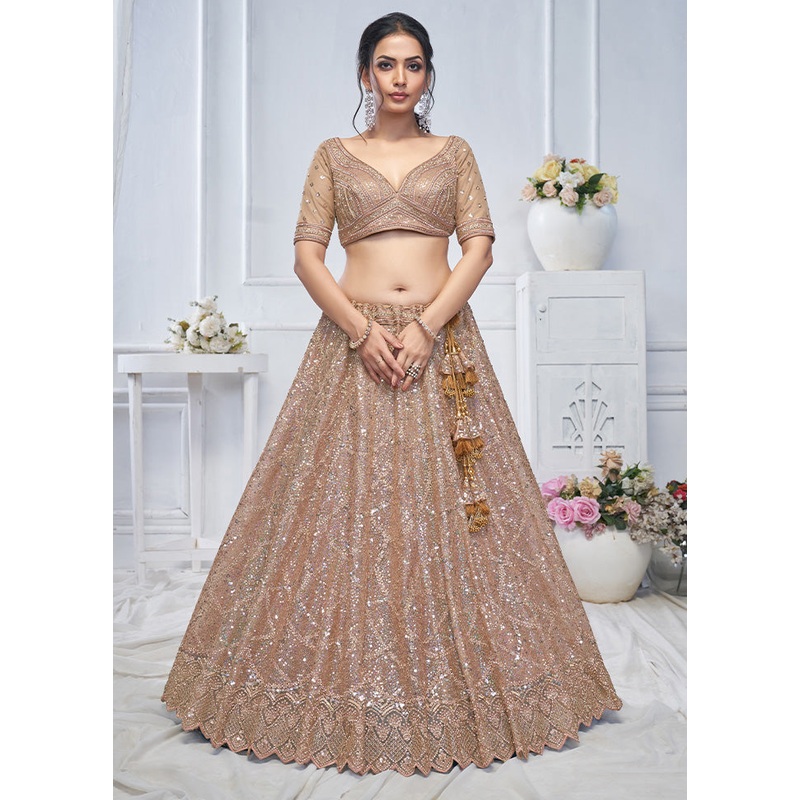 3 Pc Brown Net Semi Stitched Lehenga Set - JD986601467
