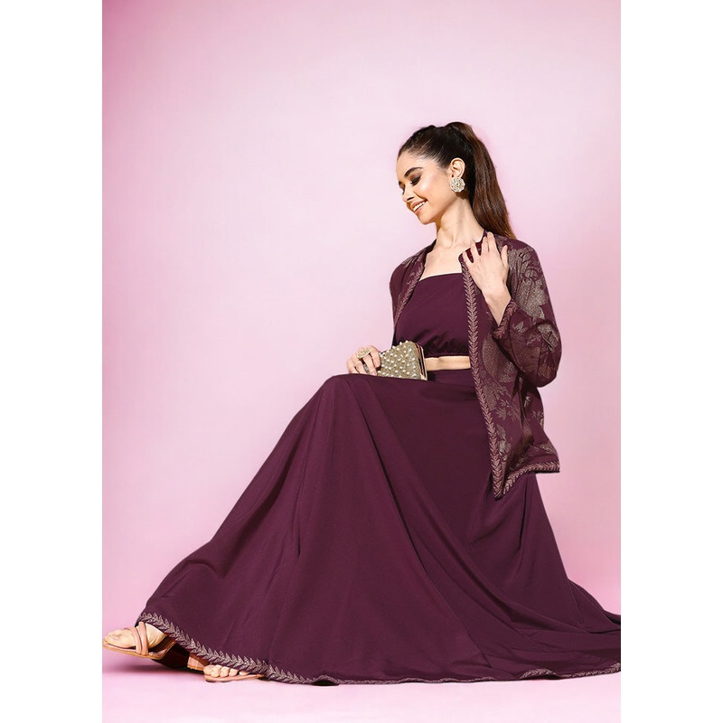 3 Pc Burgundy Readymade Silk Top Set - JD986601552