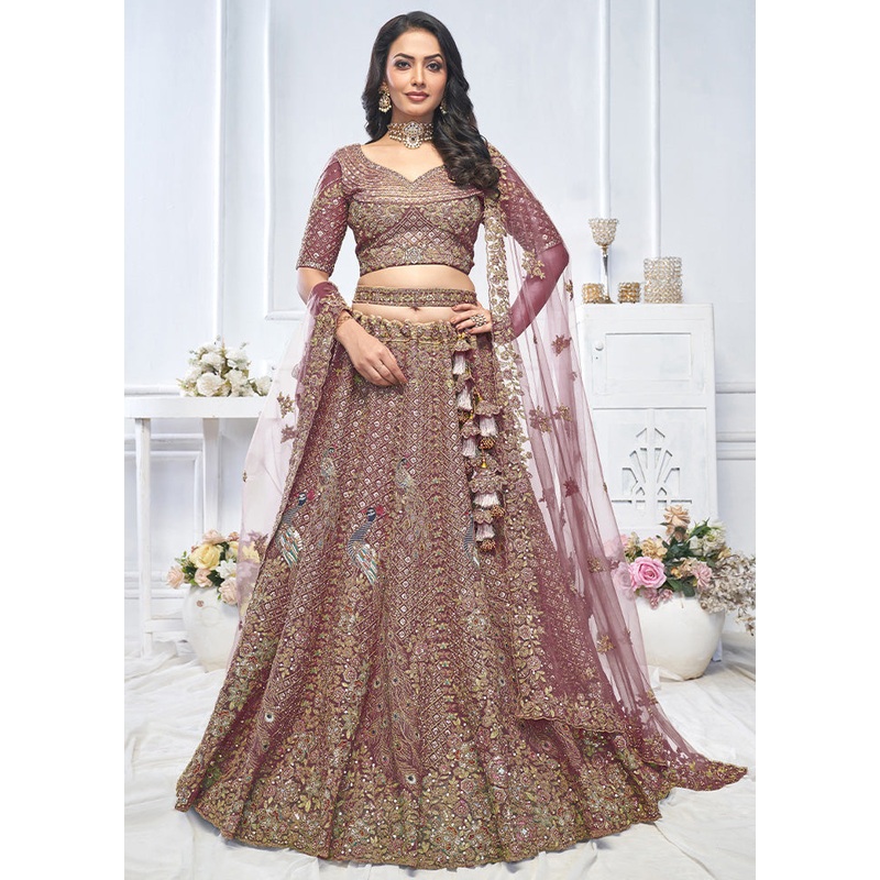 3 Pc Dark Purple Net Semi Stitched Lehenga Set - JD986601460