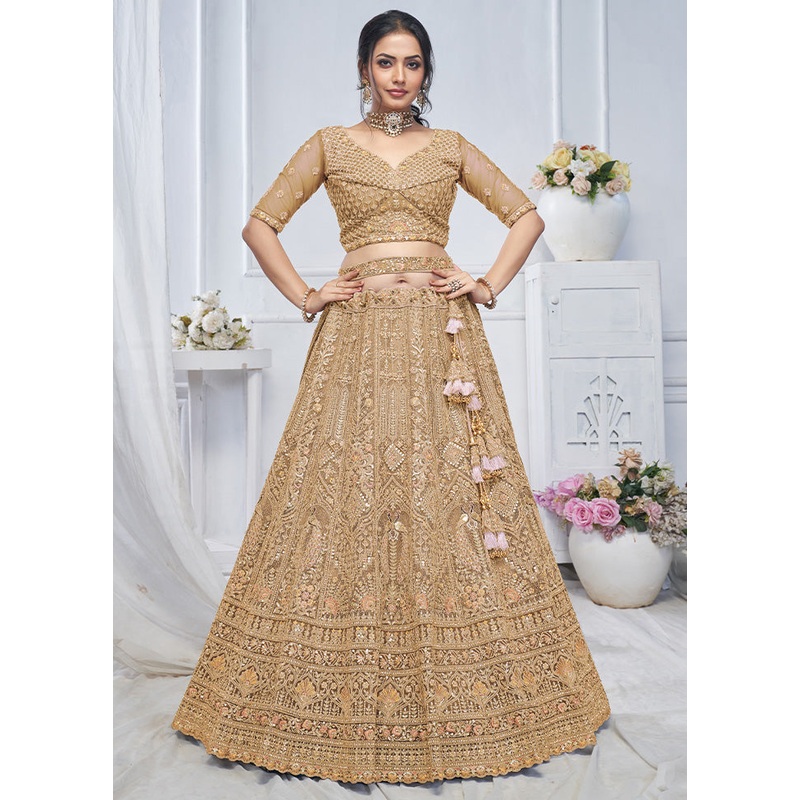 3 Pc Golden Net Semi Stitched Lehenga Set - JD986601432