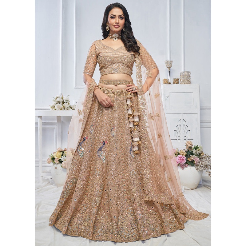 3 Pc Golden Net Semi Stitched Lehenga Set - JD986601448