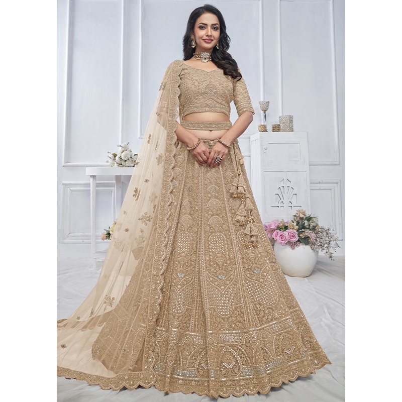 3 Pc Golden Net Semi Stitched Lehenga Set - JD986601458