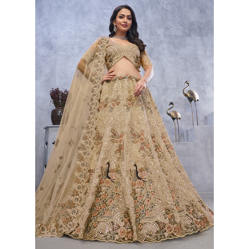 3 Pc Golden Net Semi Stitched Lehenga Set - JD986601459