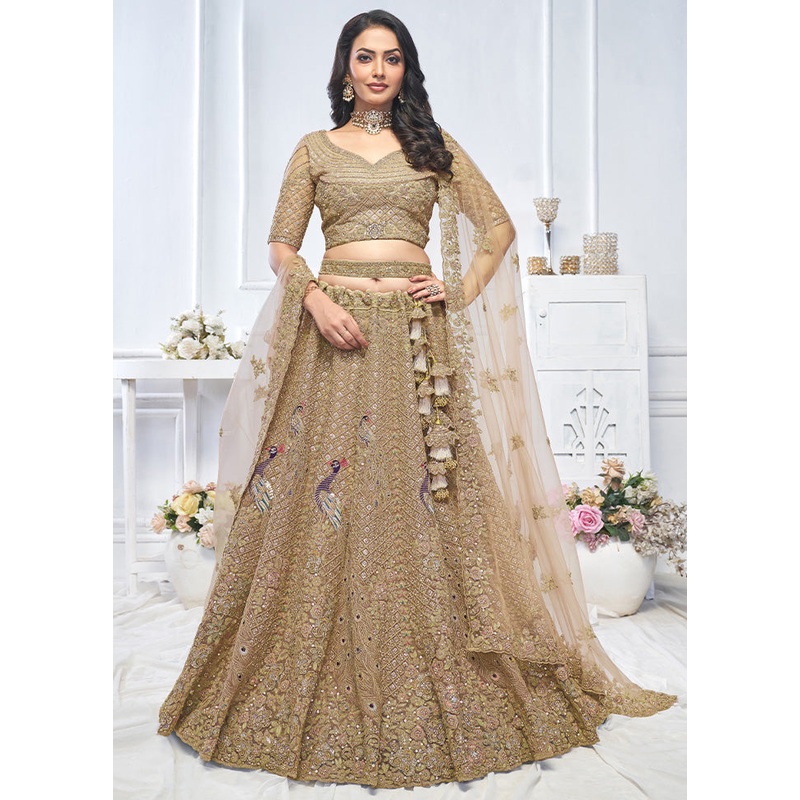 3 Pc Golden Net Semi Stitched Lehenga Set - JD986601464