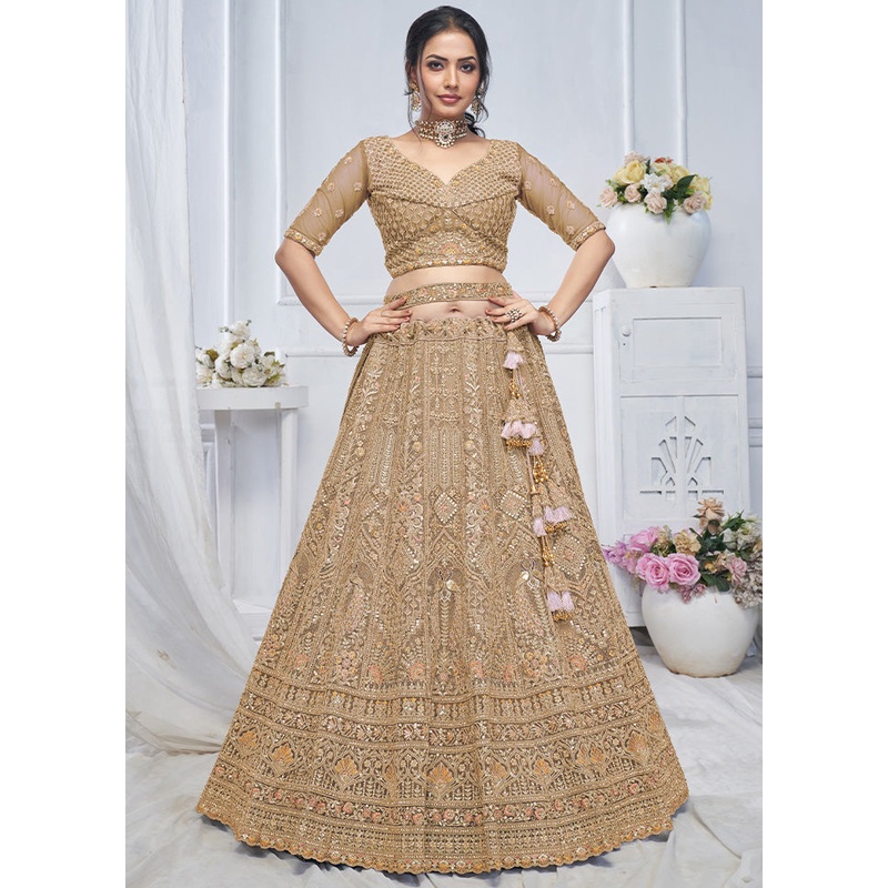 3 Pc Golden Net Semi Stitched Lehenga Set - JD986601465