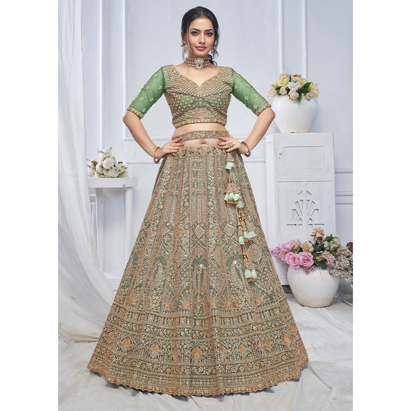 3 Pc Green Net Semi Stitched Lehenga Set - JD986601455