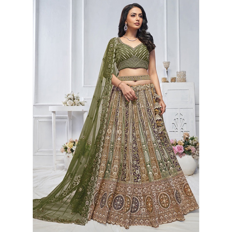 3 Pc Green Net Semi Stitched Lehenga Set - JD986601456