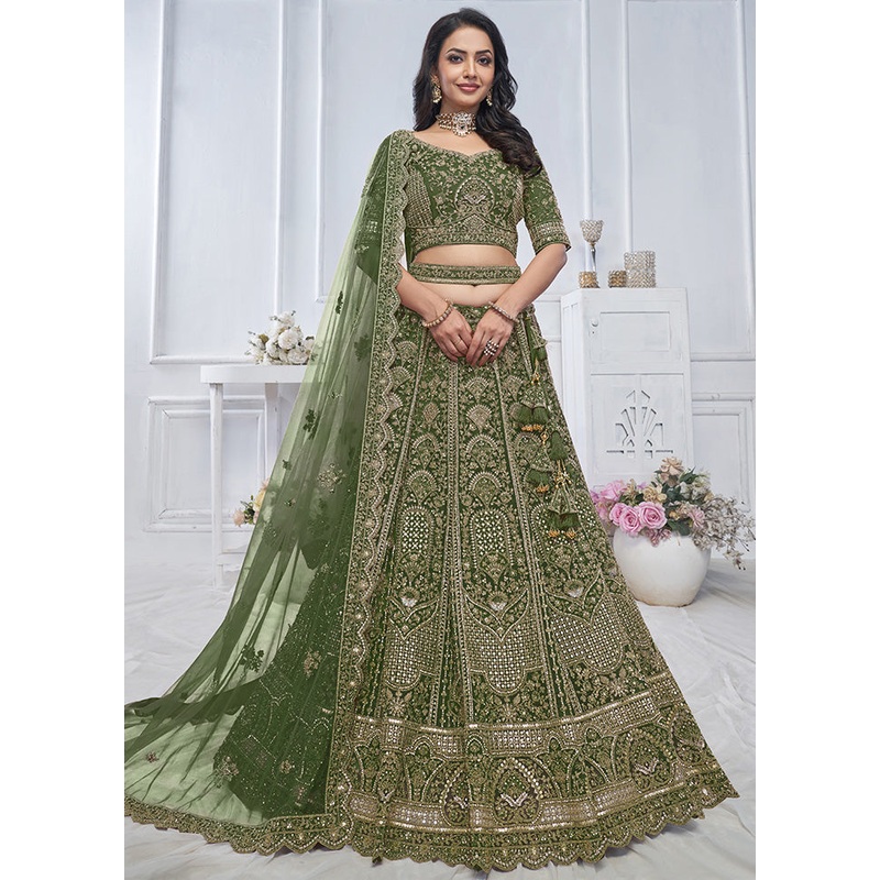 3 Pc Green Net Semi Stitched Lehenga Set - JD986601457