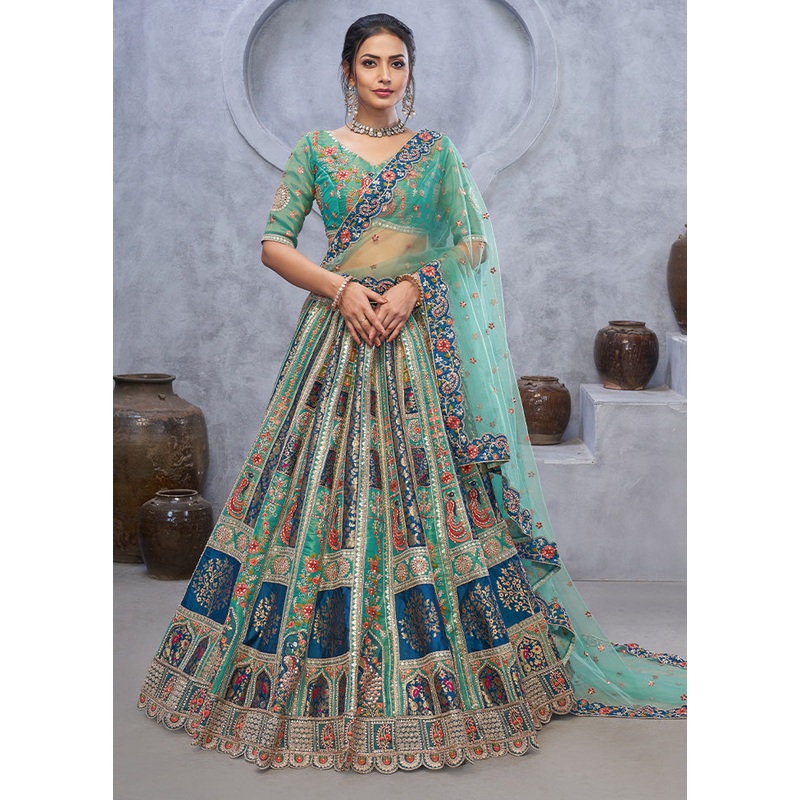 3 Pc Green Silk Semi Stitched Lehenga Set - JD986601452