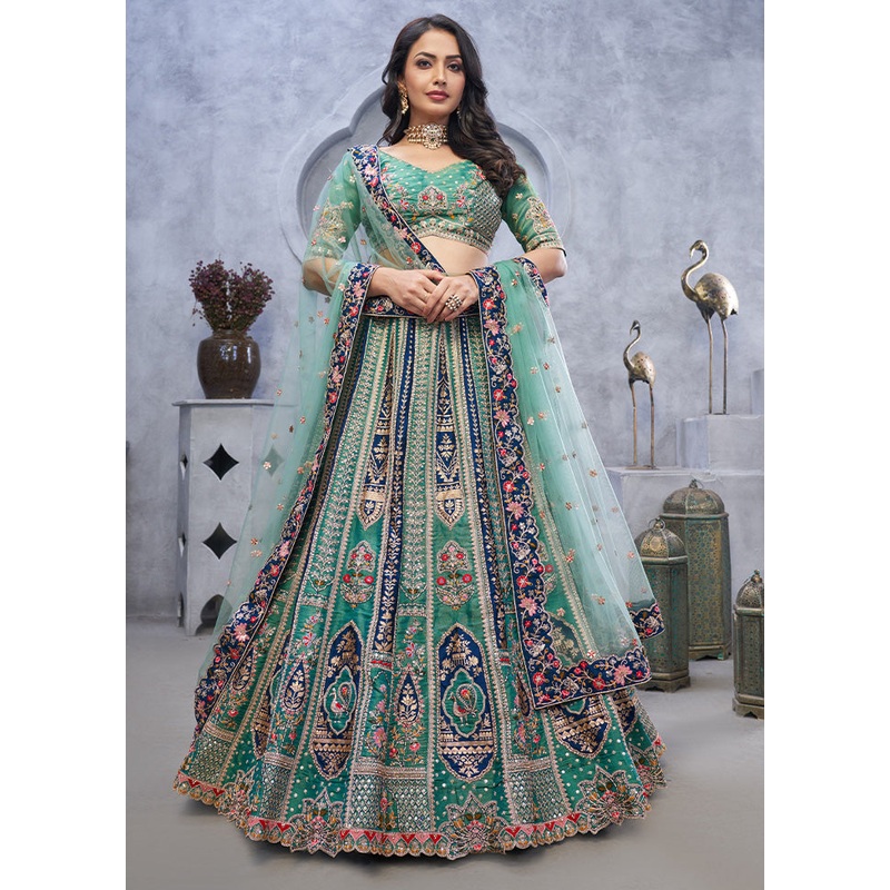 3 Pc Green Silk Semi Stitched Lehenga Set - JD986601453