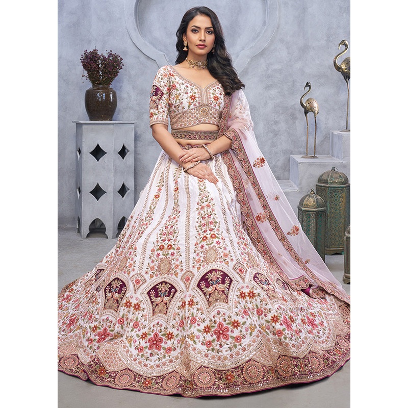 3 Pc Light Purple Silk Semi Stitched Lehenga Set - JD986601450