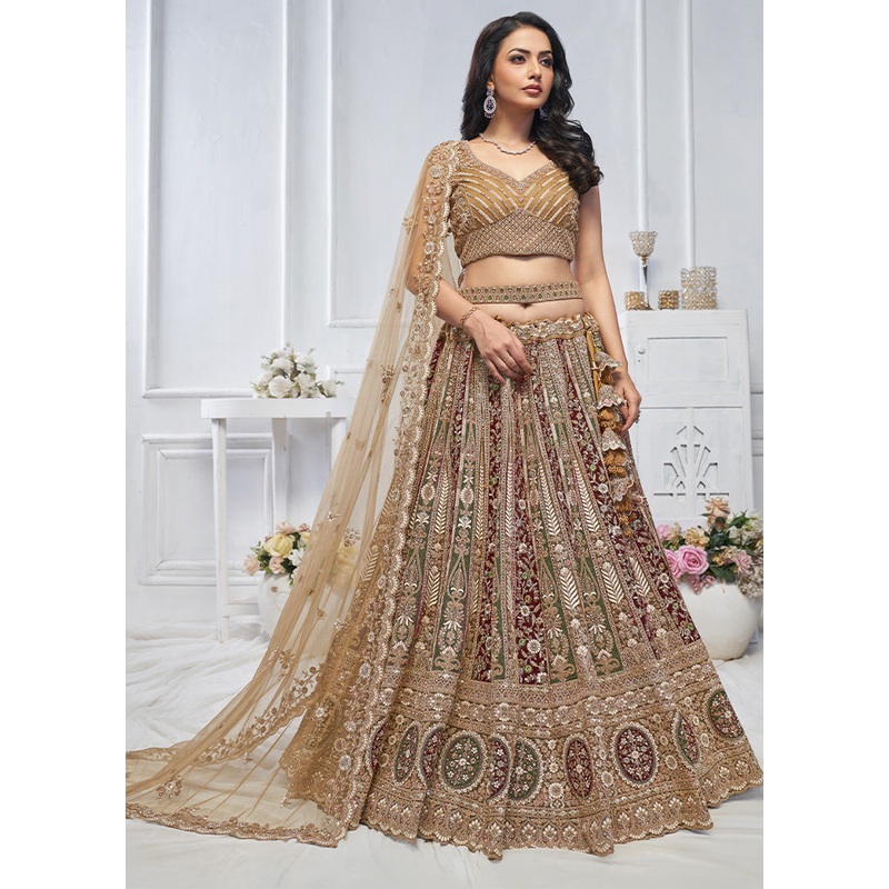 3 Pc Mustard Net Semi Stitched Lehenga Set - JD986601449