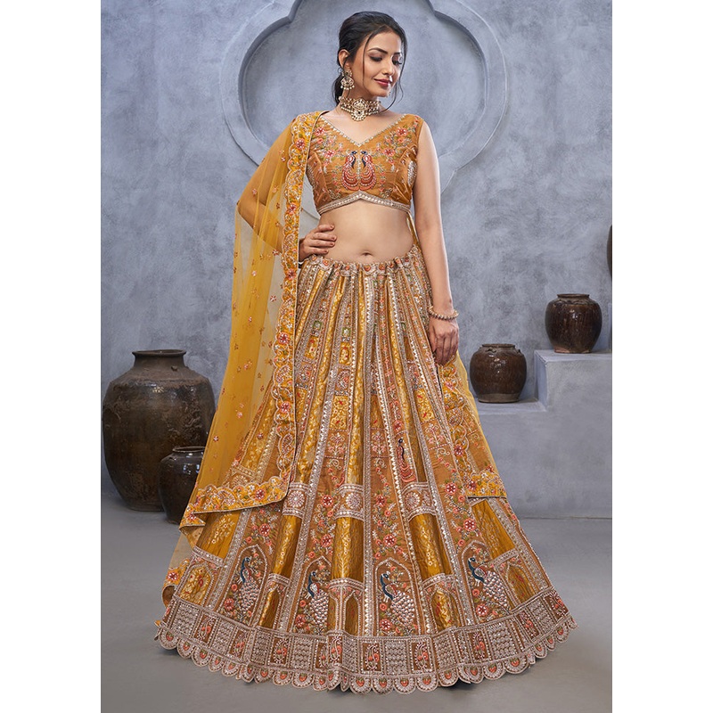 3 Pc Mustard Silk Semi Stitched Lehenga Set - JD986601447