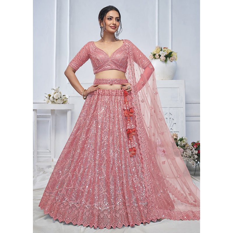 3 Pc Pink Net Semi Stitched Lehenga Set - JD986601446