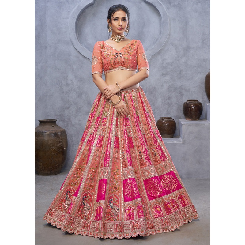 3 Pc Pink Silk Semi Stitched Lehenga Set - JD986601444