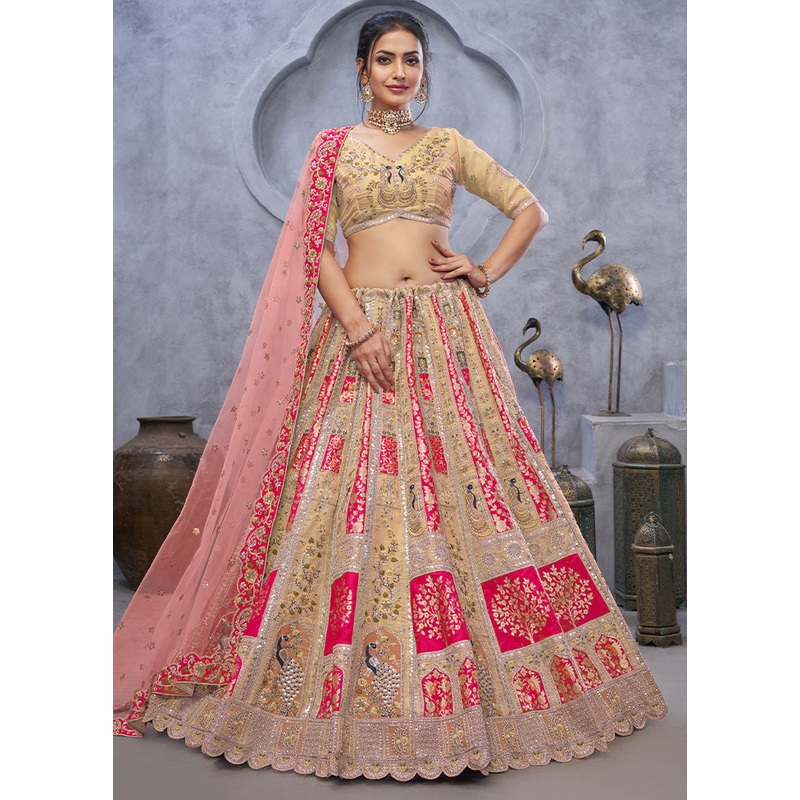 3 Pc Pink Silk Semi Stitched Lehenga Set - JD986601445