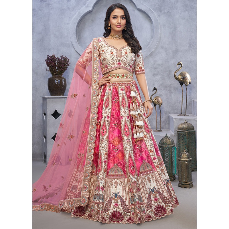 3 Pc Pink Silk Semi Stitched Lehenga Set - JD986601461