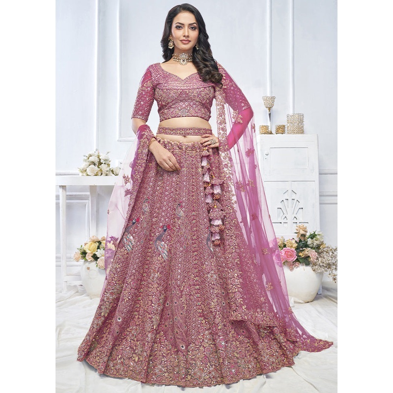 3 Pc Purple Net Semi Stitched Lehenga Set - JD986601438