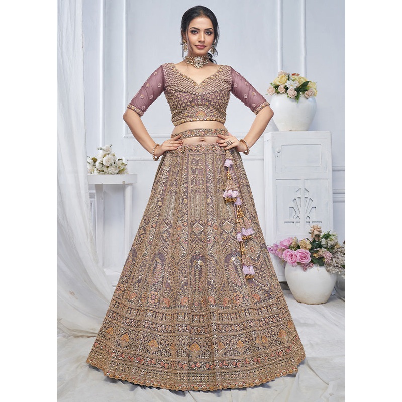 3 Pc Purple Net Semi Stitched Lehenga Set - JD986601440