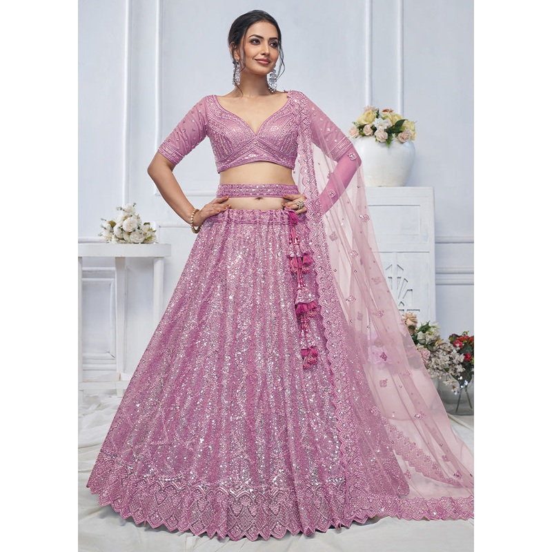 3 Pc Purple Net Semi Stitched Lehenga Set - JD986601442